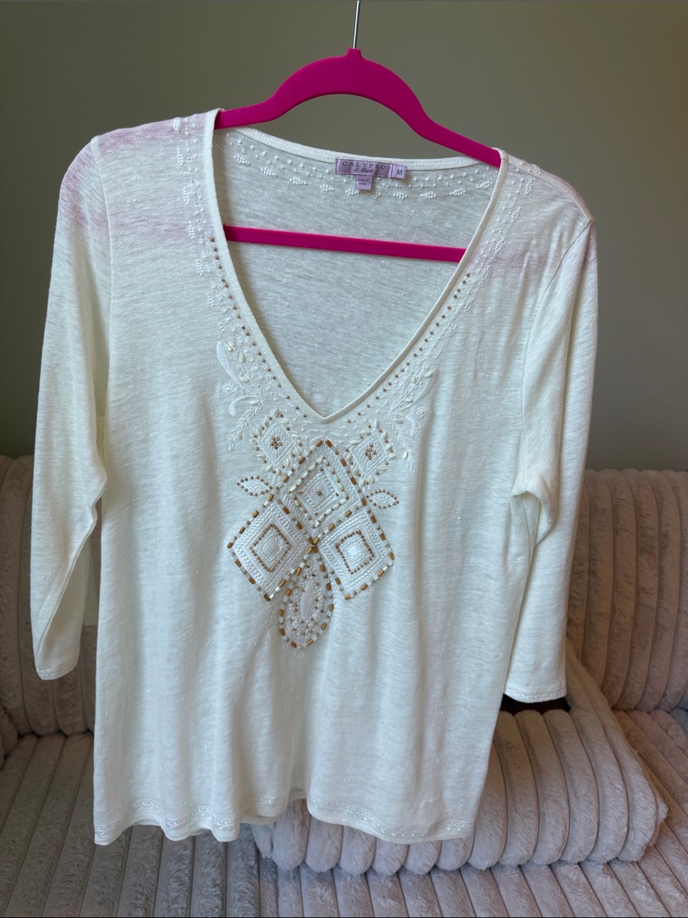 Calypso Women's White Linen V-Neck 3/4 Sleeve Top with Pearl and Wooden Beads